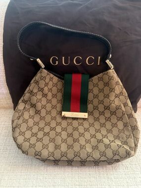 Gucci Brown GG Canvas Shoulder Bag with Green & Red Web